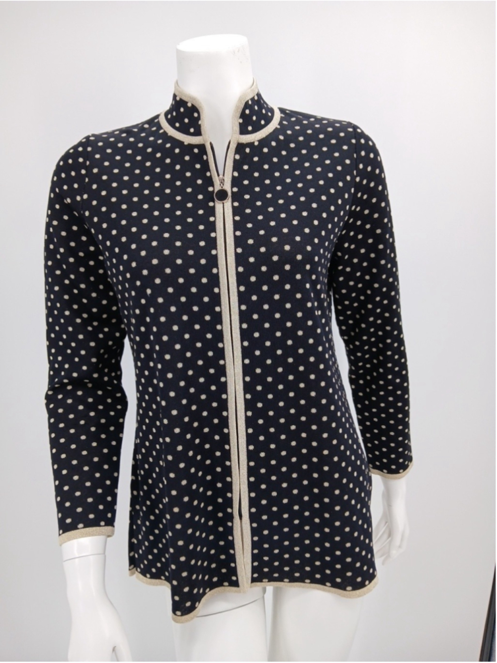 Exclusively Misook Petite Women's PS Black Metallic Gold Polka Dots Zip Sweater